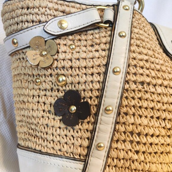 Coach Hamptons Large Natalie Raffia Straw & Leather Tea Roses Tote Bag GUC - Picture 11 of 16